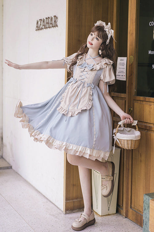 Round Collar Puff Doll Short Sleeves High Waist Bowknot Sweet Lolita Op Dress - Product - 6