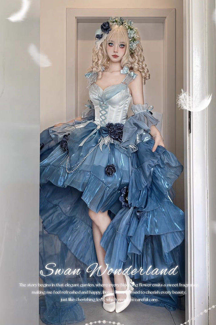 Sky Blue [Swan Wonderland] Embroidery Bowknot Lace-Up Short Front Long Back Irregular Sweet Ballet Lolita Jsk Dress - Product - 2