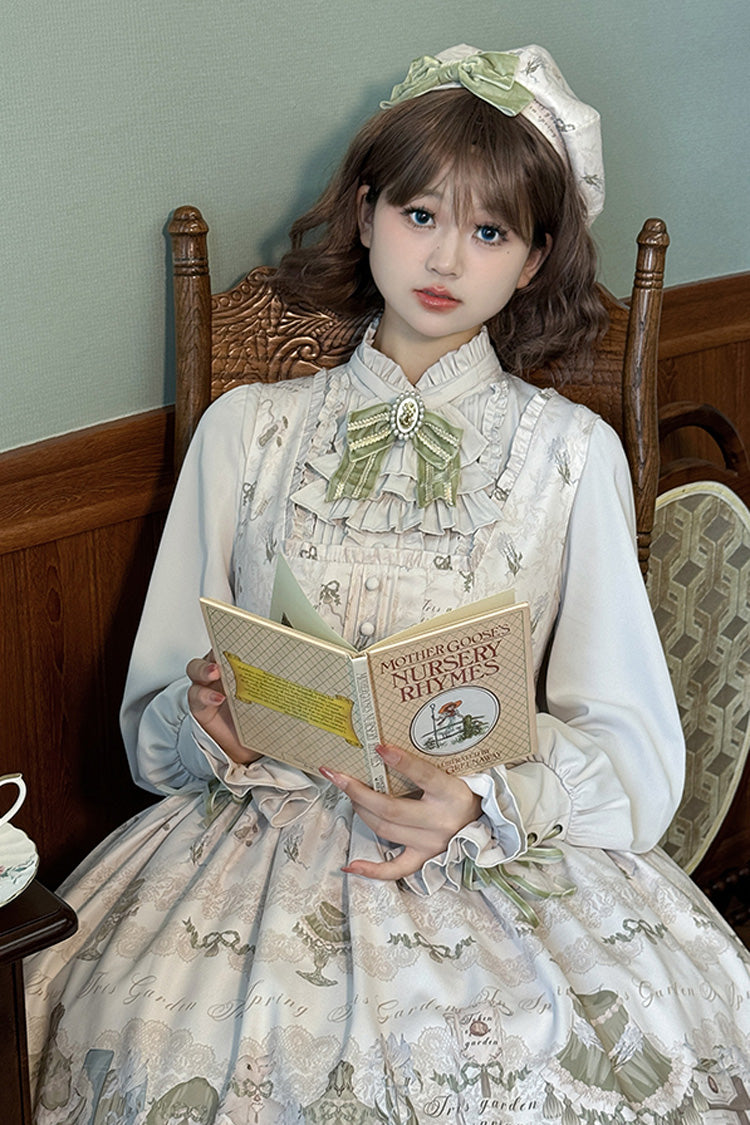 [Iris Study] Square Collar Print Bowknot Lace-Up Sweet Lolita Jumper Dress 2 Colors - Product - 11