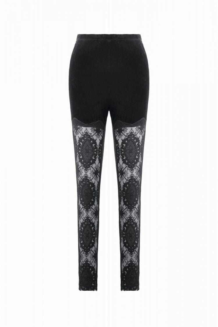 Black Women's Gothic Retro Embroidered Sheer Lace Patchwork Slim Leggings - Product - 3