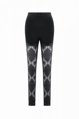 Black Women's Gothic Retro Embroidered Sheer Lace Patchwork Slim Leggings - Product - 3