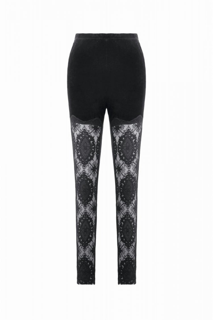 Black Women's Gothic Retro Embroidered Sheer Lace Patchwork Slim Leggings - Product - 3