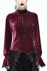 Red Pleated Velvet Trumpet Sleeves Womens Gothic Blouse - Red - 1