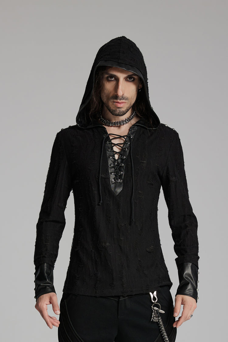 Black Long Sleeves Lace-Up Hooded Studs Eyelets Men's Punk T-Shirt - Black - 1