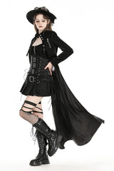 Black Long Sleeves Spliced Lace-Up Women's Gothic High Low Faux Leather Long Tail Jacket - Product - 9