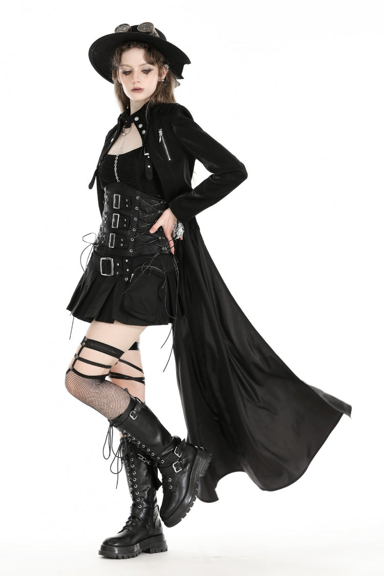 Black Long Sleeves Spliced Lace-Up Women's Gothic High Low Faux Leather Long Tail Jacket - Product - 9