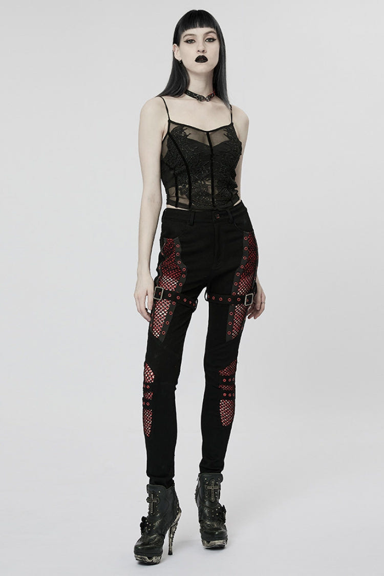 Stitching Slim Mesh Buckles Eyelets Women's Steampunk Leggings 2 Colors - Product - 12