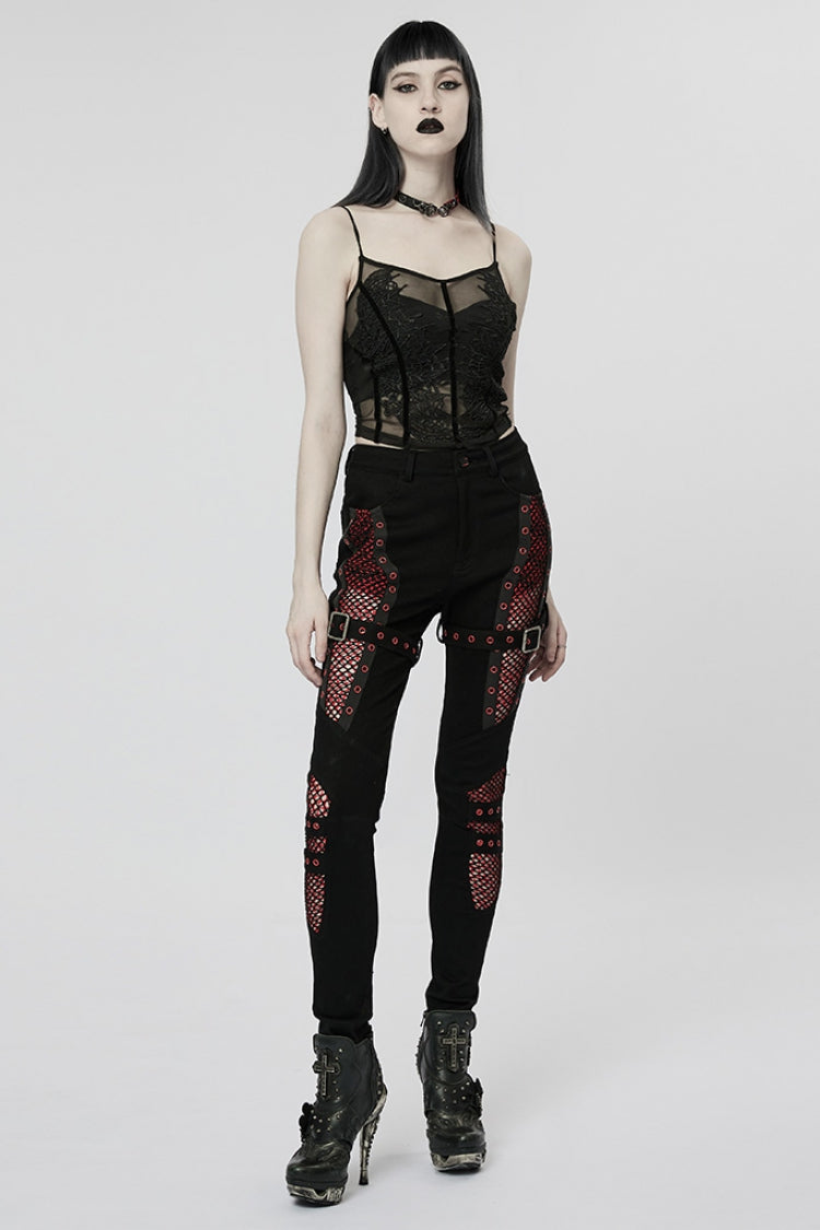 Stitching Slim Mesh Buckles Eyelets Women's Steampunk Leggings 2 Colors - Product - 12