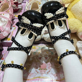 Rabbit Accent Bow Cross-Strap Mid-Heel Lolita Shoes with Cat Paw Heels and Ankle Bells - Black - 2