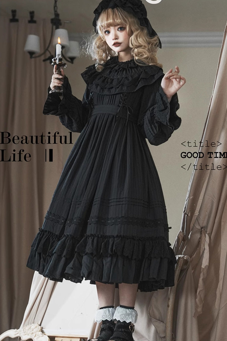 Black [Good Night] Long Sleeves Double-Layered Ruffle Bowknot Lace-Up Holy Gothic Lolita Dress - Product - 8