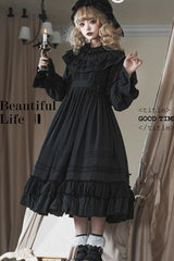 Black [Good Night] Long Sleeves Double-Layered Ruffle Bowknot Lace-Up Holy Gothic Lolita Dress - Product - 8