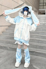 White/Blue Rabbit Ears Long Sleeves Ruffle Hooded Jirai Kei Japanese Coat - White/Blue - 1