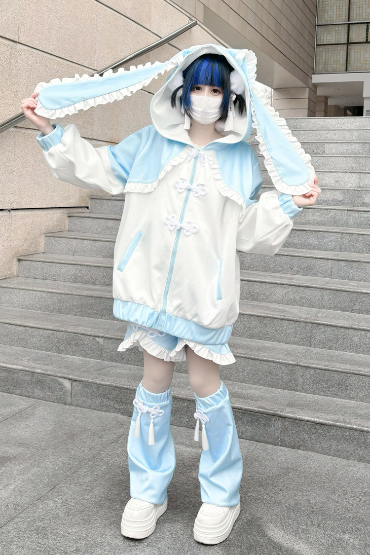 White/Blue Rabbit Ears Long Sleeves Ruffle Hooded Jirai Kei Japanese Coat - White/Blue - 1