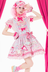 Candy Park Print Ruffle Bowknot Sweet Lolita Strap Dress 2 Colors - Blue/Pink - 2