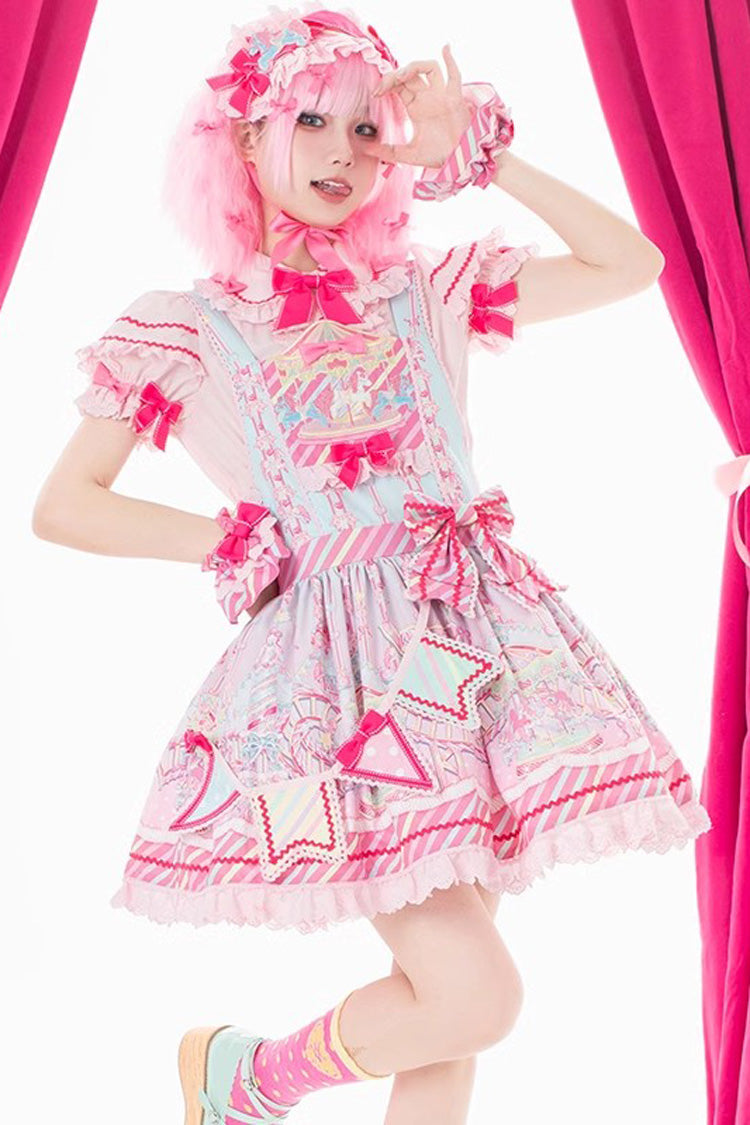 Candy Park Print Ruffle Bowknot Sweet Lolita Strap Dress 2 Colors - Blue/Pink - 2