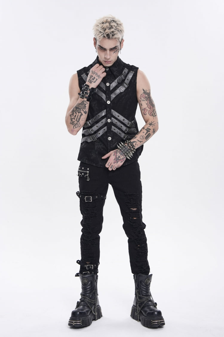 Black Lapel Collar Sleeveless Multi-Layered Printed Tie-dyed Buckled Men's Punk Shirt - Product - 5