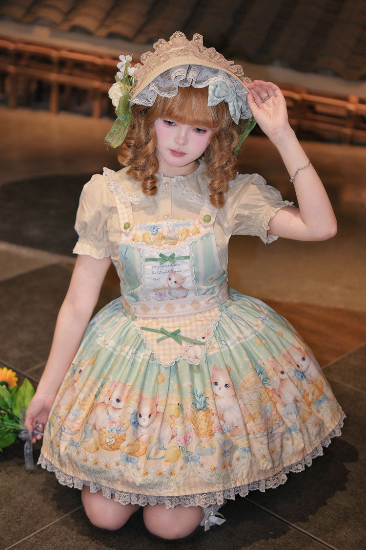 Green [Pineapple Cat] Print Sleeveless Bowknot Lace Sweet Lolita Strap Dress - Product - 9