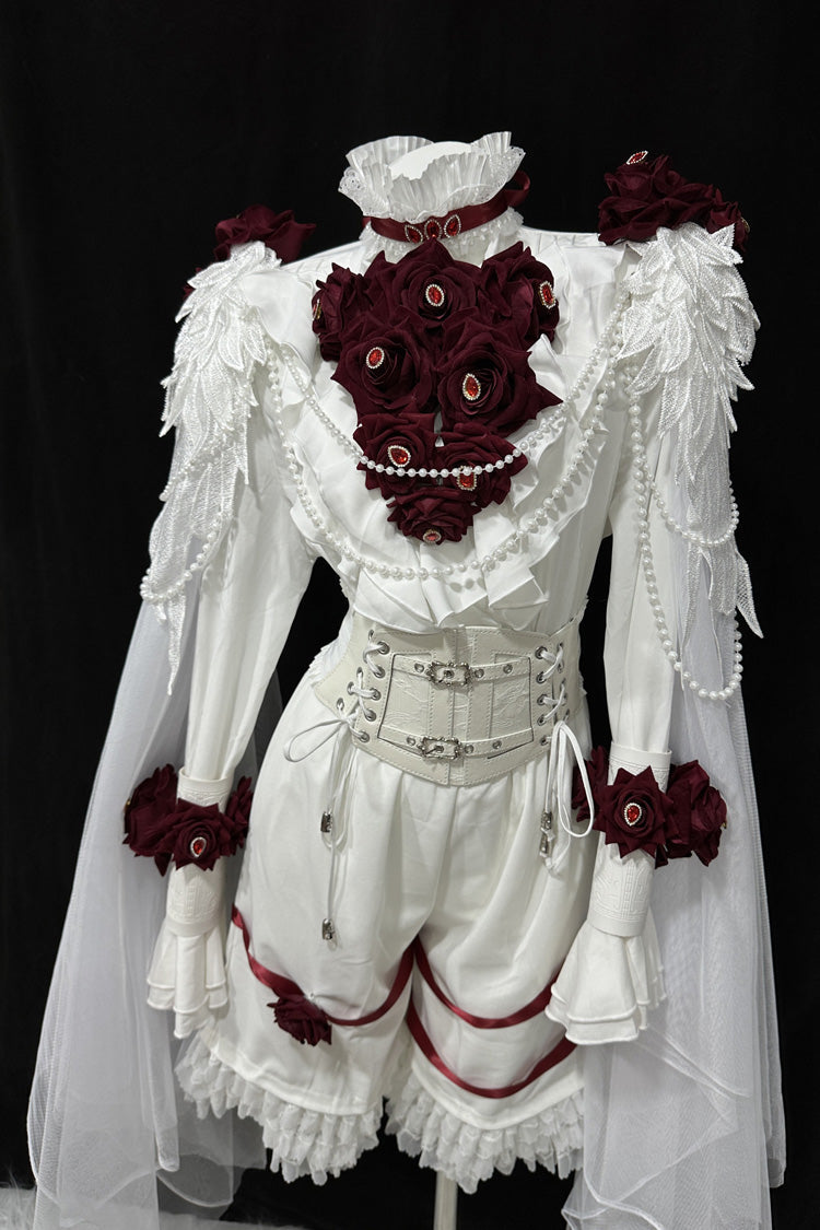 White [Ailing Stars] Stand Collar Long Sleeves Ruffled Pearl Detail Classic Ouji Lolita Set - Product - 5