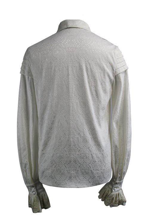 Beige Embroidered Ruffled Sleeves Jacquard Mens Gothic Blouse - Product - 7