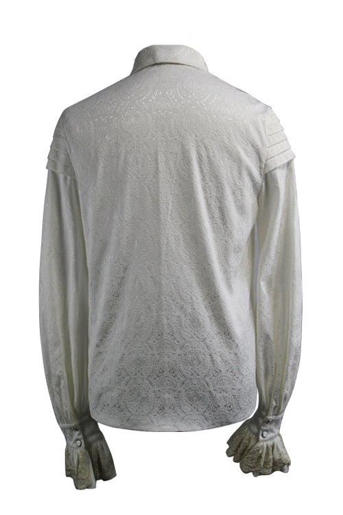Beige Embroidered Ruffled Sleeves Jacquard Mens Gothic Blouse - Product - 7