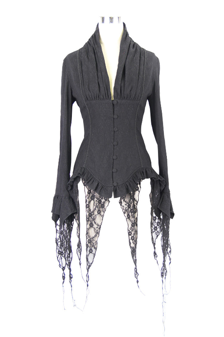 Black Retro Slim Deep V-Neck Tassel Long Sleeve Punk Blouse - Product - 6