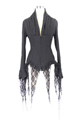 Black Retro Slim Deep V-Neck Tassel Long Sleeve Punk Blouse - Product - 6