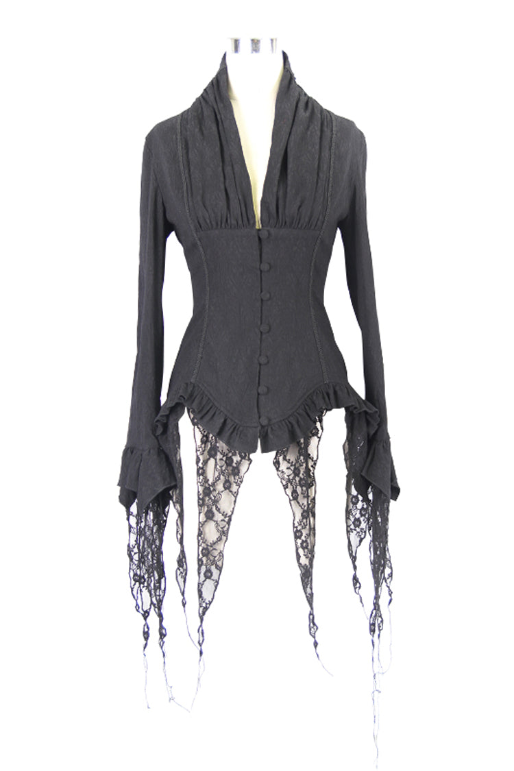 Black Retro Slim Deep V-Neck Tassel Long Sleeve Punk Blouse - Product - 6