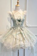Green Lily of the Valley Summer Polka Dot Print Ruffle Bowknot Lace-Up Sweet Princess (Set) front view