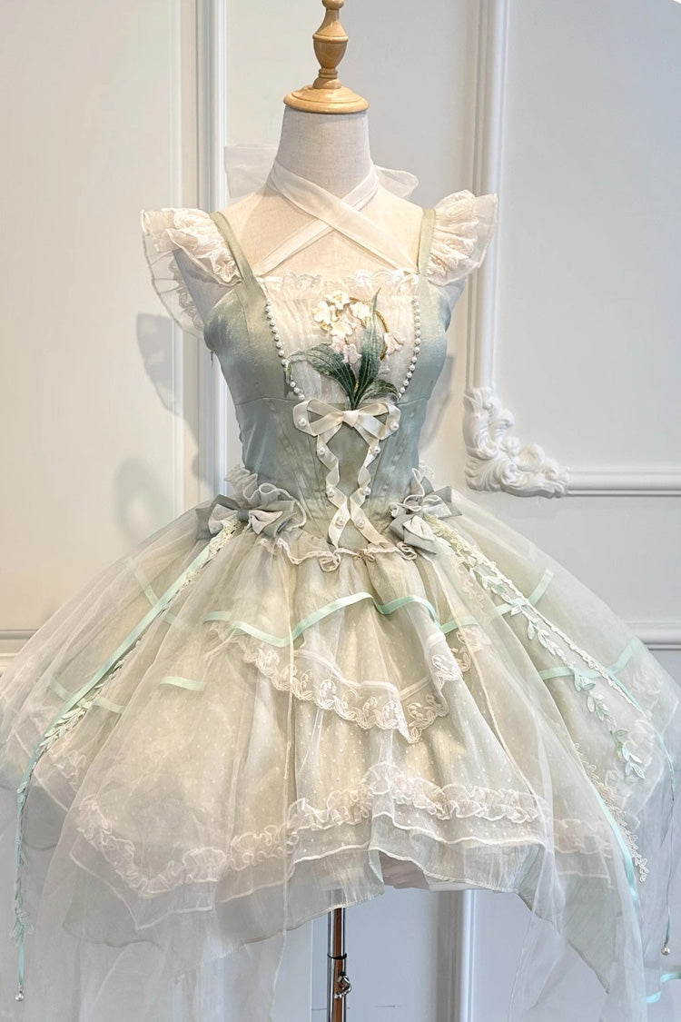 Green [Lily of the Valley Summer] Polka Dot Print Ruffle Bowknot Lace-Up Sweet Princess Lolita Jsk Dress - Green - 1