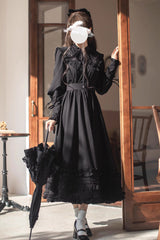 Black [Wind Kissed Tulips] Long Sleeves Ruffle Embroidery Bowknot Gothic Vintage Elegant Lolita Dress - Product - 2