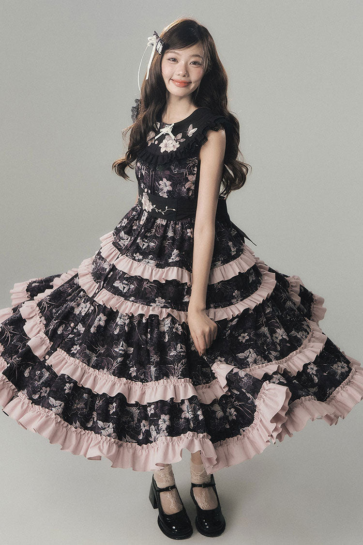 Black [Sacred Heart Lily] Round Collar Sleeveless Multi-Layered Printed Ruffled Embroidered Sweet Chinese Inspired Lolita Jumper Dress - Product - 13