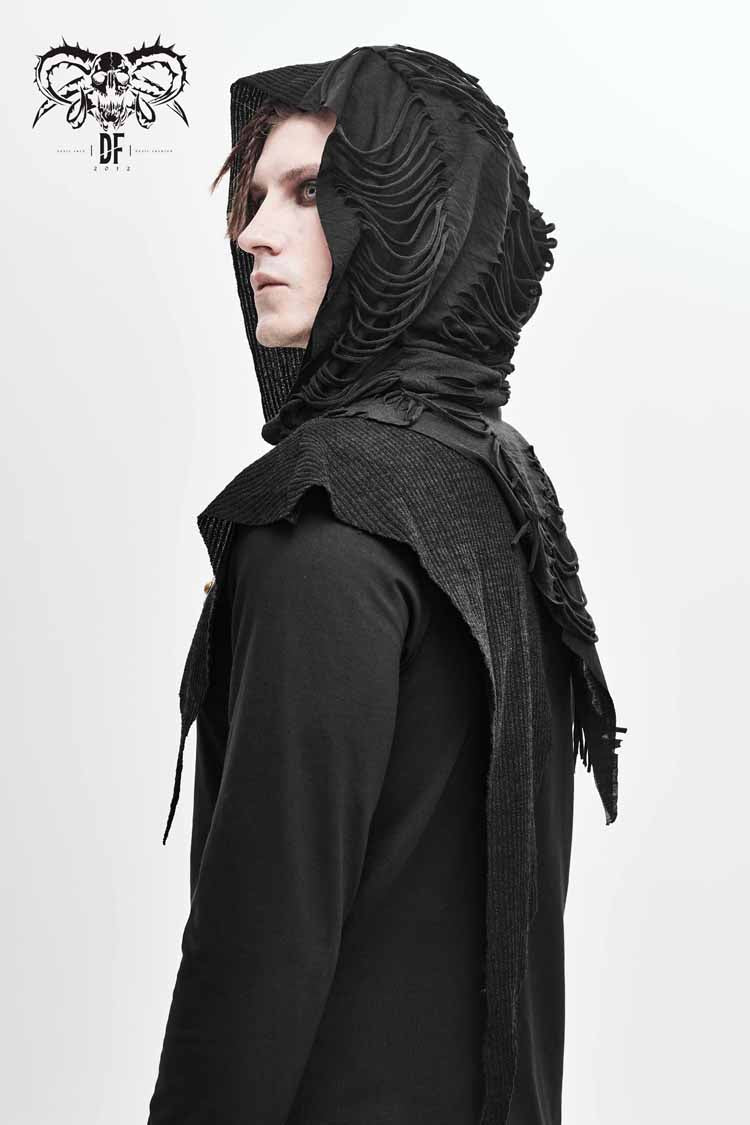 Black Long Sleeves Asymmetric Tatters Strip Leather Metal Loop Hooded Men's Punk T-Shirt - Product - 3