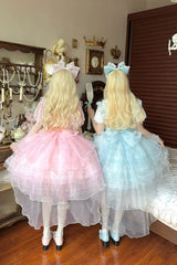 Blue [Lotus Butterfly Heart] Multi-Layered Ruffle Hanayome Bowknot Lace Sweet Lolita Jsk Dress - Product - 11