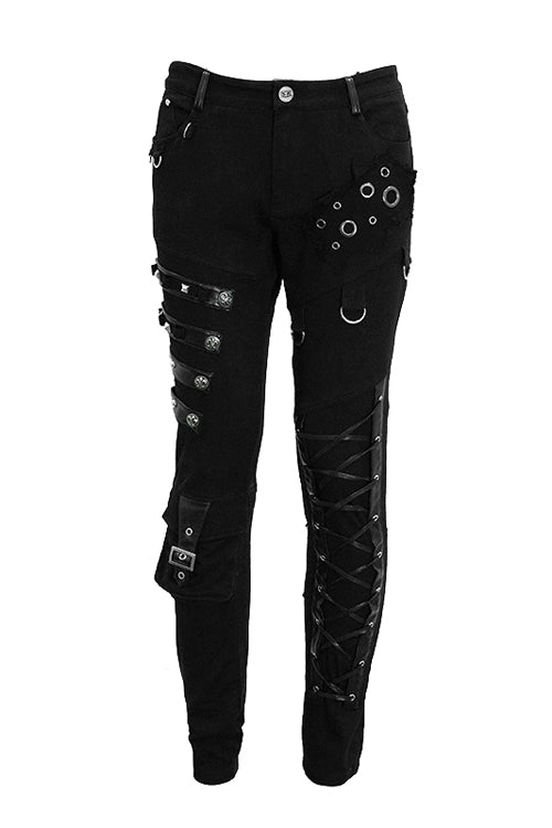 Black Punk Heavy Metal Lace Up With Loops Mens Pants - Black - 1