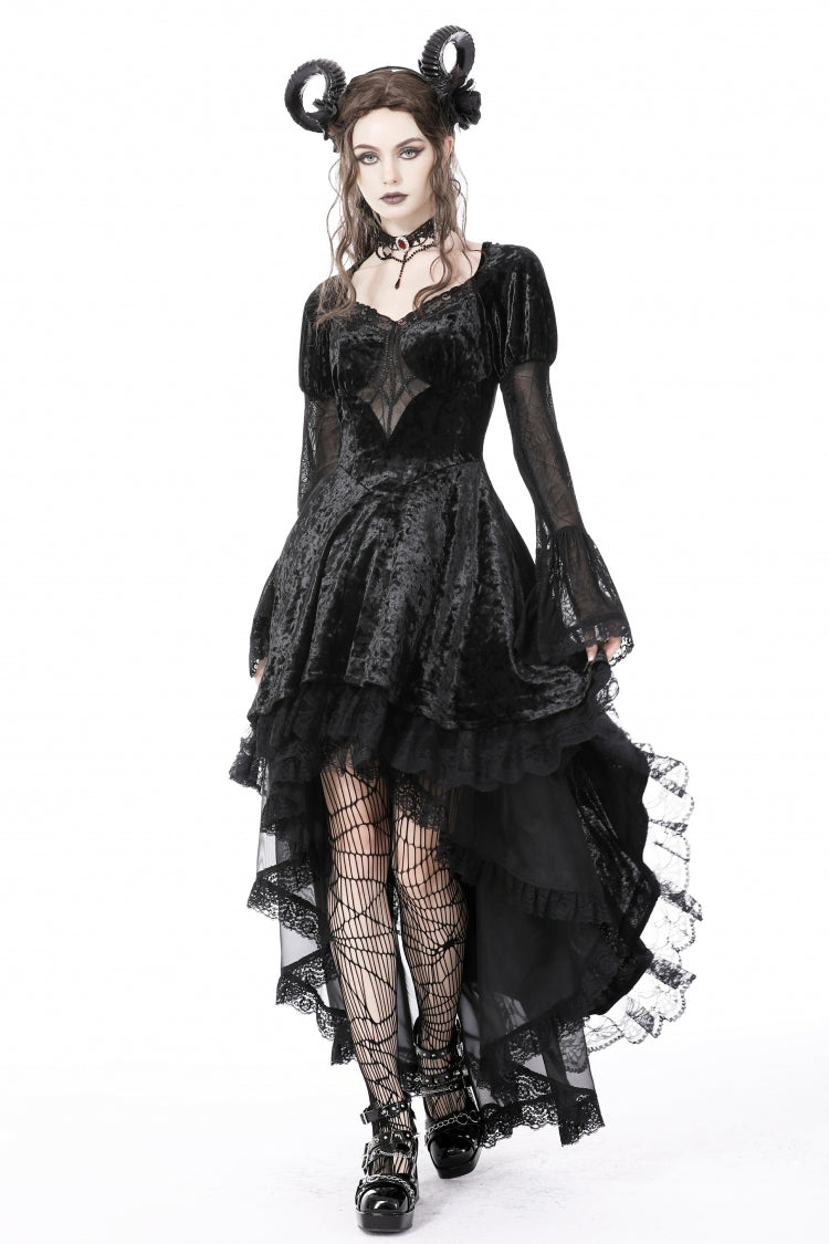 Black Long Puff Sleeves High Low Irregular Multi-Layered Lace Women's Gothic Velvet Dress - Black - 1