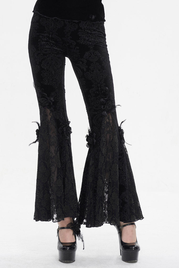 Black Printed Lace Embroidered Women's Gothic Flared Pants - Black - 1