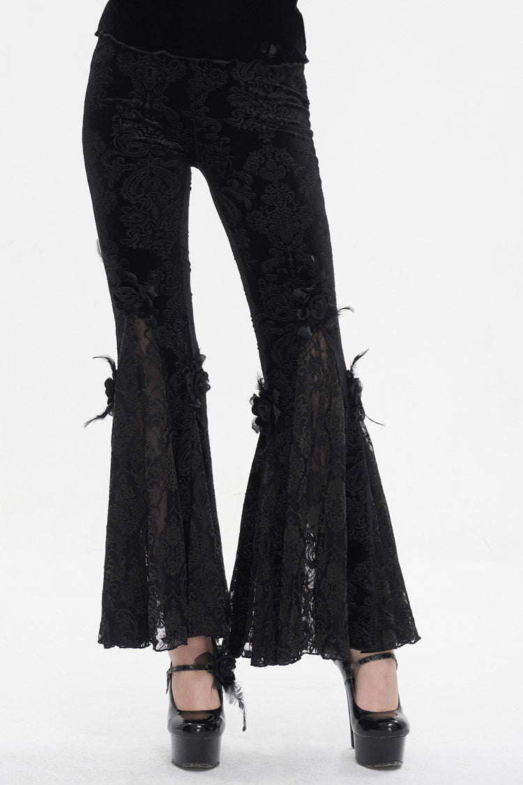 Black Printed Lace Embroidered Women's Gothic Flared Pants - Black - 1