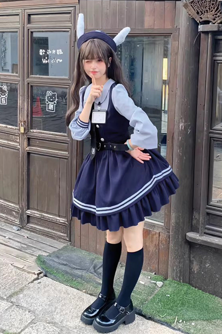 Blue [Rabbit Officer] Long Sleeves Printed Ruffled Faux Two-Piece College Style Sweet Lolita Dress - Product - 13