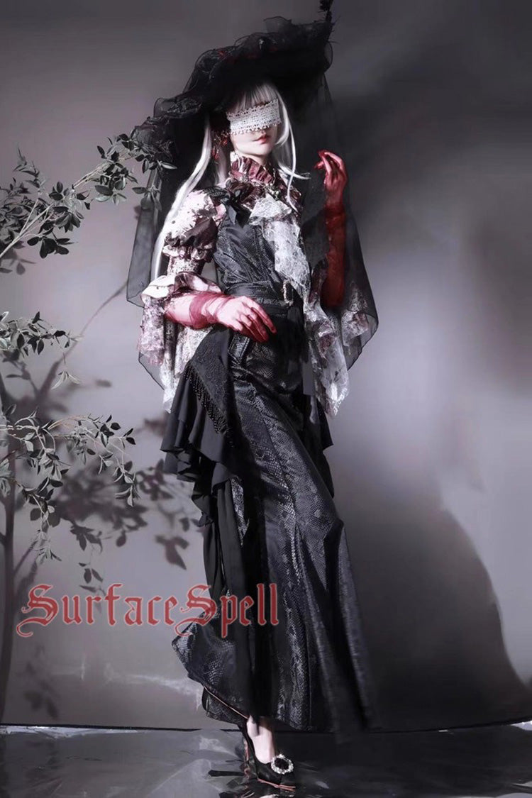 Black Faux Leather Snake Print Flared Fishbone Mermaid Gothic Lolita Skirt - Product - 7