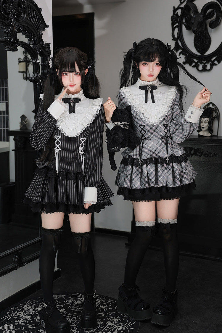 [Doki!] Stand Collar Long Sleeves Printed Ruffled Lace-Up Sweet Cool Lolita Dress 2 Colors(Black, Grey) - Black(Striped-Print) - 1