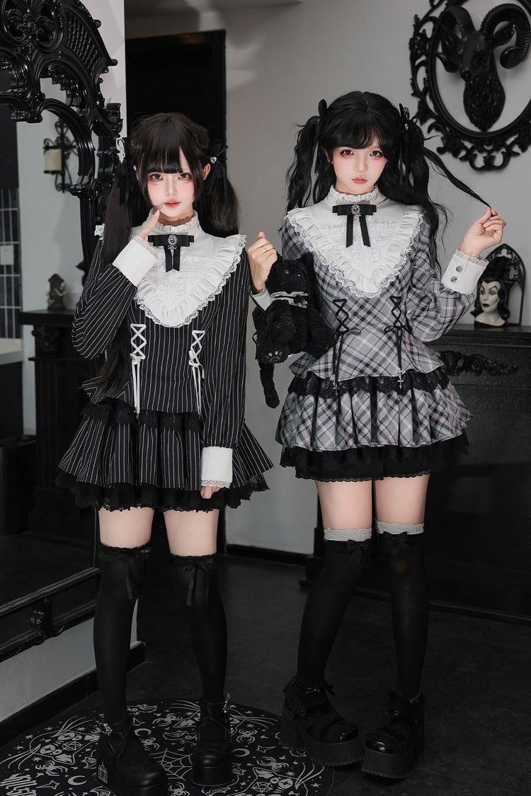 [Doki!] Stand Collar Long Sleeves Printed Ruffled Lace-Up Sweet Cool Lolita Dress 2 Colors(Black, Grey) - Black(Striped-Print) - 1