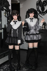 [Doki!] Stand Collar Long Sleeves Printed Ruffled Lace-Up Sweet Cool Lolita Dress 2 Colors(Black, Grey) - Black(Striped-Print) - 1