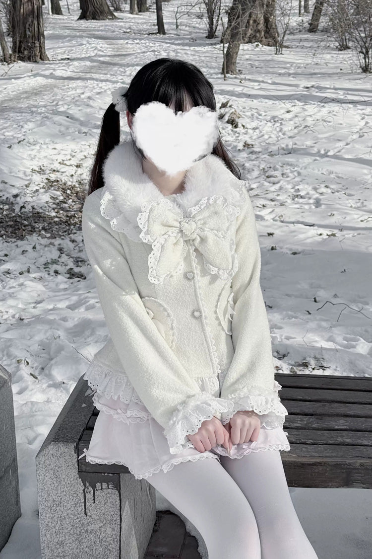 [Diamond Strawberry] Long Sleeves Bow Lace Pearl-Decorated Sweet Jirai Kei Lolita Coat 3 Colors - Product - 14