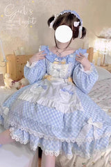 Blue Plaid Print Long Sleeves Bowknot Lace Sweet Lolita Dress - Product - 4