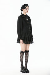 Black Long Bishop Sleeves Double-Layered Lace Hem Lace-Up Women's Gothic Dress - Product - 2