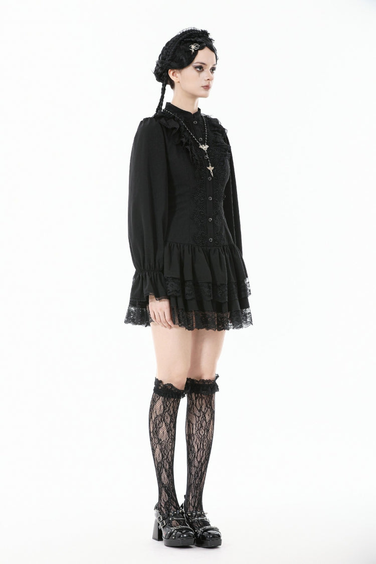 Black Long Bishop Sleeves Double-Layered Lace Hem Lace-Up Women's Gothic Dress - Product - 2