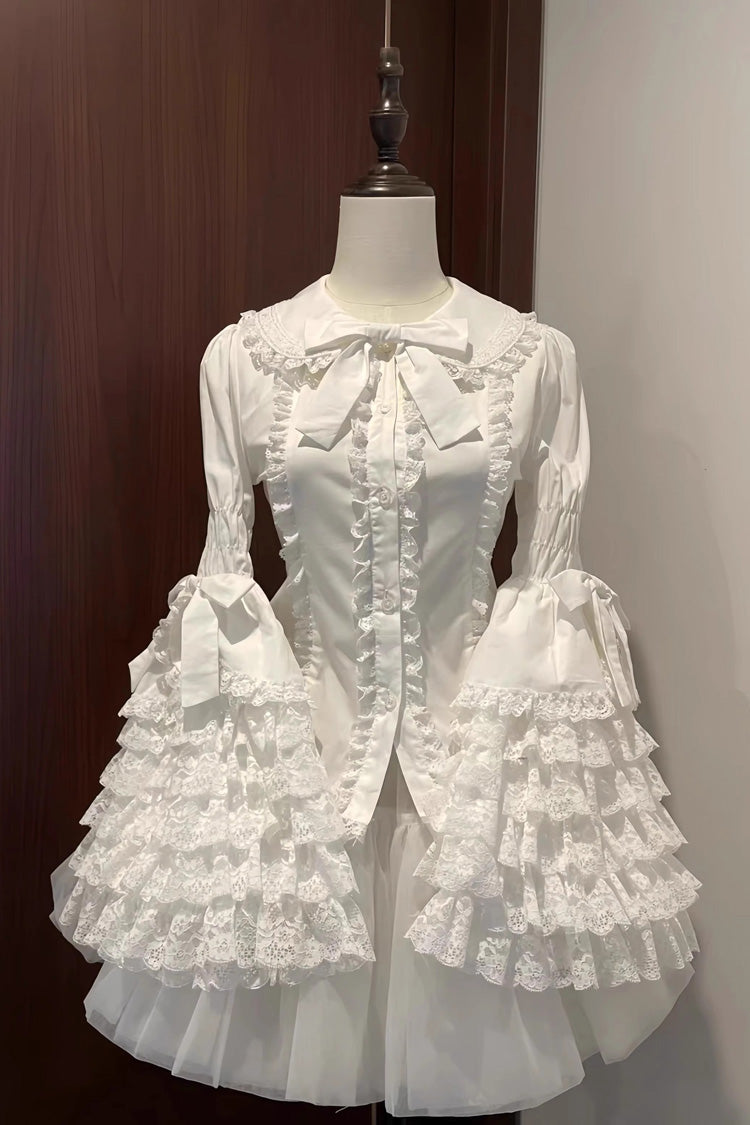 Lapel Collar Long Hime Sleeves Ruffle Bowknot Lace Sweet Lolita Blouse 3 Colors - White - 3