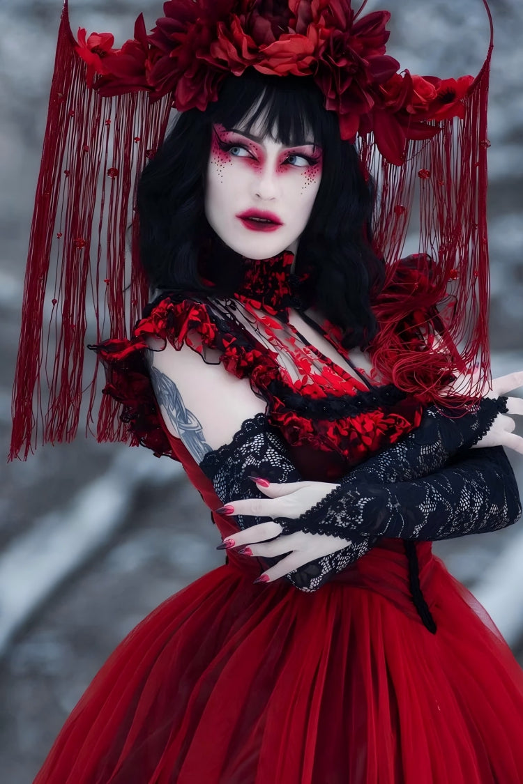 Black/Red Stand Collar Sleeveless Printed Hanayome Lace Lace-Up Women's Gothic Elegant Dress Wedding Dress - Product - 4