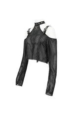 Black Off Shoulder Buckle Sheer Crop Women's Punk Shirt - Product - 8