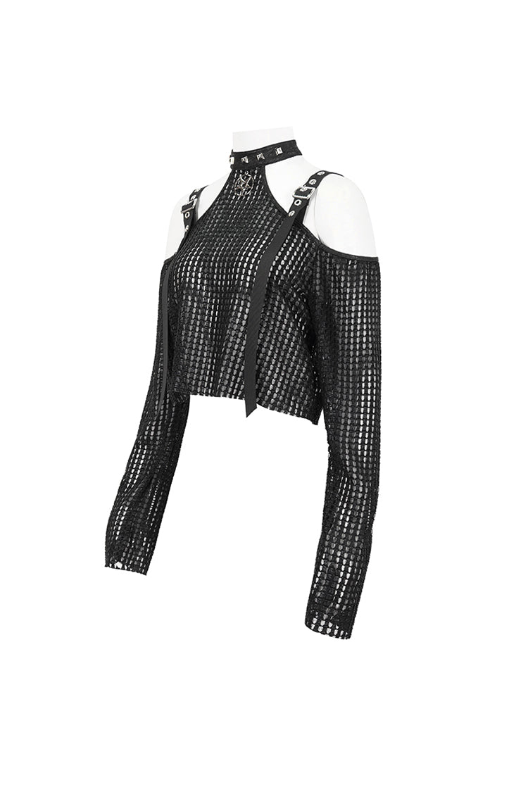 Black Off Shoulder Buckle Sheer Crop Women's Punk Shirt - Product - 8